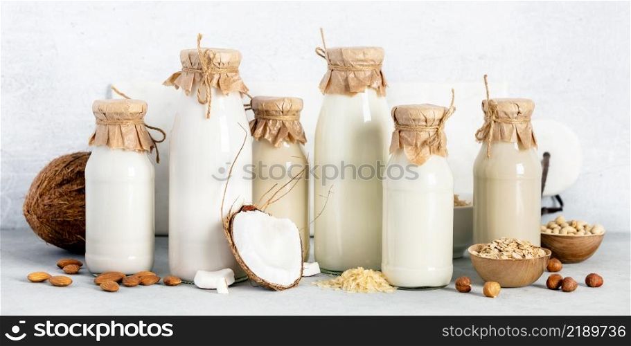 Vegan non dairy plant based milk in bottles and ingredients on light background (almond, hazelnut, rice, oat, soy). Alternative lactose free milk substitute banner