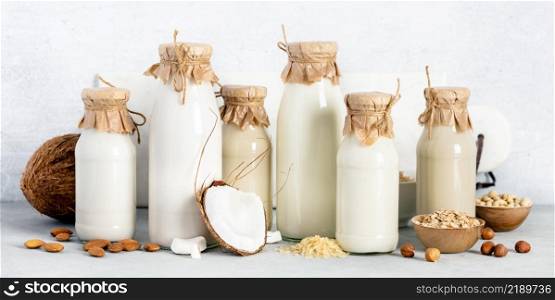 Vegan non dairy plant based milk in bottles and ingredients on light background (almond, hazelnut, rice, oat, soy). Alternative lactose free milk substitute banner