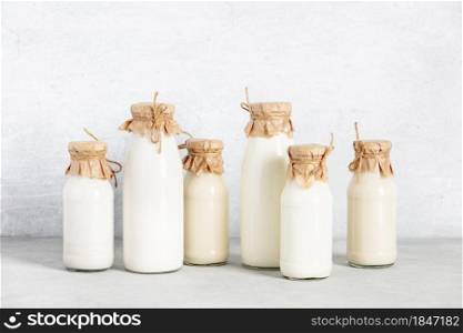Vegan non dairy plant based milk in bottles on light background. Alternative lactose free milk substitute