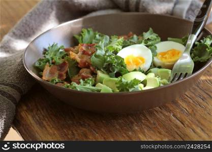 Vegan salad with kale,avocado, crispy bacon, egg and Vinaigrette dressing .. Vegan salad with kale,avocado, crispy bacon, egg and Vinaigrette dressing