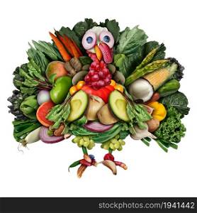 Vegan turkey and funny vegetarian thanksgiving harvest symbol as vegetables fruit nuts and berries shaped as a festive gobbler for a holiday celebration as a composite.