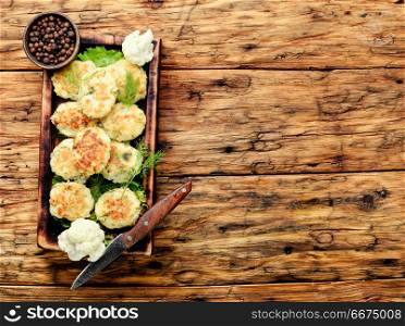 Vegan vegetable cutlet. Healthy fried vegetable rissole with cabbage.Vegetarian rissole