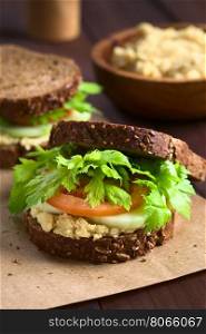 Vegan wholegrain sandwich with celery leaves, tomato, cucumber and chickpea spread or hummus, photographed with natural light (Selective Focus, Focus on the front of the sandwich)