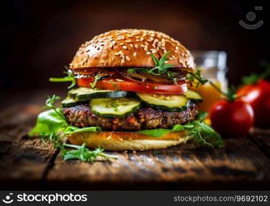 Vegan zucchini burger with vegetables on wooden table.AI Generative