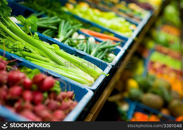 Vegetable and fruits, focus on ribbed celery, shallow DOF