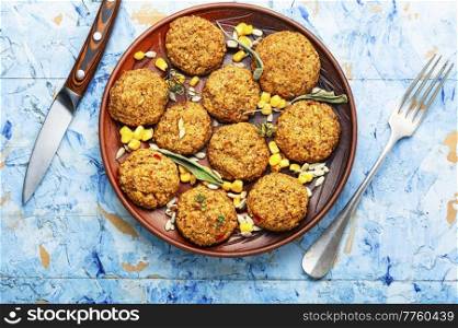 Vegetable balls. Delicious vegetable meatballs. Balls from beans, corn, cabbage, rice and sunflower seeds. Vegetarian food. Low calorie vegan meatballs.