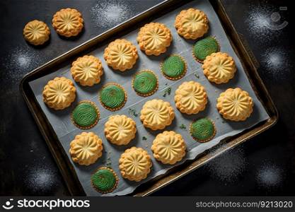 vegetable biscuits on baking tray pastries on baking sheet, created with generative ai. vegetable biscuits on baking tray pastries on baking sheet