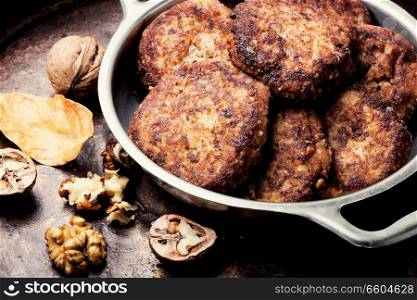 Vegetable cutlets from walnut. Healthy food.Vegetarian diet. Vegetarian cutlet from walnut