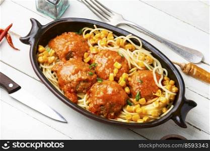 Vegetable delicious meatballs or falafel with and spaghetti. Diet food.. Vegetarian cutlets and spaghetti.