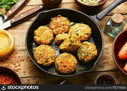 Vegetable diet cutlets made from carrots and lentils.Homemade vegetarian cutlets.Healthy food.. Vegetable cutlet from carrot