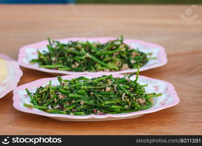 Vegetable fern spicy salad on wooden background