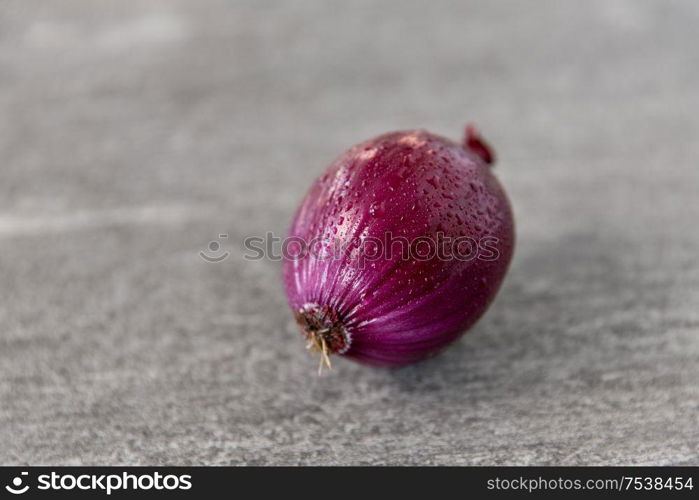 vegetable, food and culinary concept - close up of wet red onion on slate stone background. close up of red onion on slate stone background