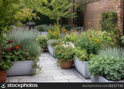 vegetable garden with herbs and flowering plants complementing the contemporary patio, created with generative ai. vegetable garden with herbs and flowering plants complementing the contemporary patio