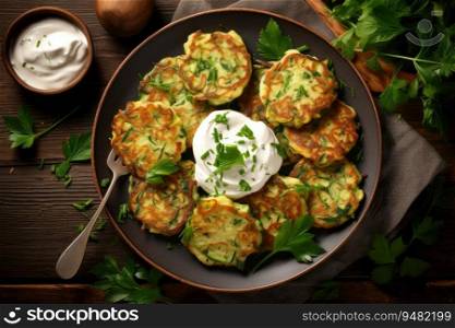Vegetable pancakes with herb dip