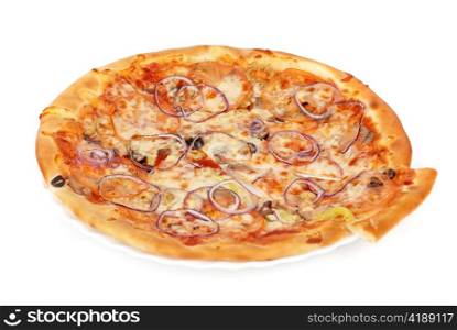 vegetable pizza closeup with tomato, Bulgarian pepper, onion, olive, champignons and mozzarella cheese