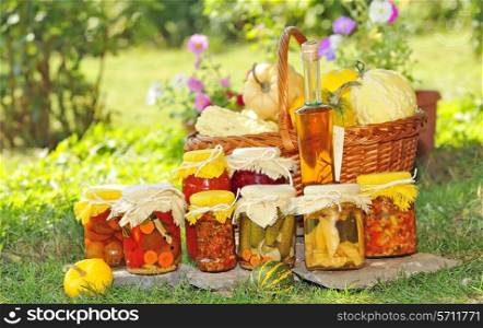 Vegetable preserves placed on the grass in the garden