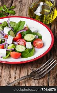 vegetable salad and olive oil. vegetable salad with cucumber, spinach, cheese and tomato