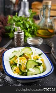 vegetable salad, diet food, salad with corn and cucumber