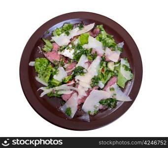 vegetable salad from cheese and ham,spanish kitchen.isolated on white background.