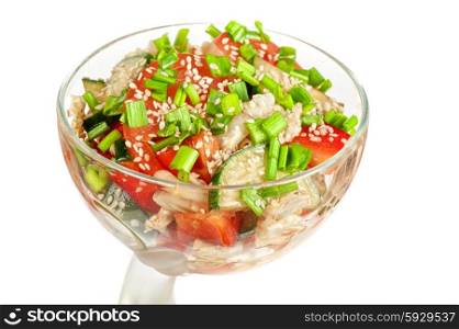 vegetable salad on white. Salad with vegetable: pepper tomato cucumber and lettuce