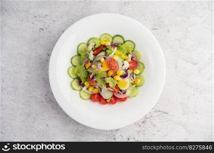Vegetable salad with boiled eggs in a white dish. Selective focus.