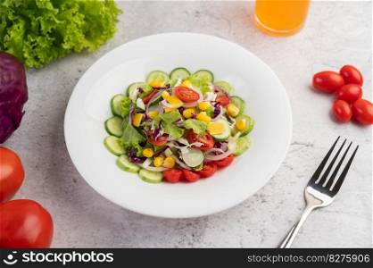 Vegetable salad with boiled eggs in a white dish. Selective focus.
