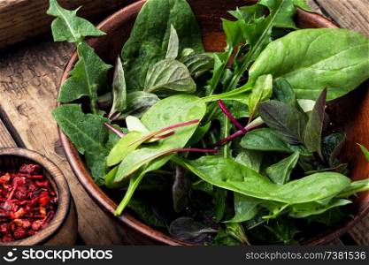 Vegetable salad with fresh lettuce.Healthy spring salad. Mixed leaf salad