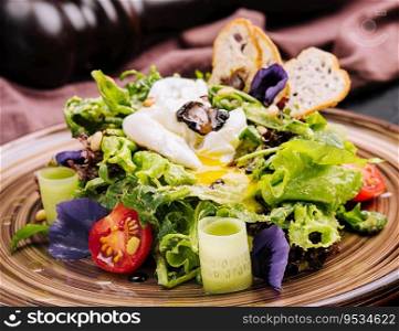 Vegetable salad with poached egg on a plate