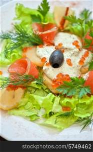 vegetable salad with smoked salmon . salmon salad
