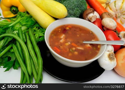 vegetable soup . Hot vegetable soup with a sprig of basil served in a white bow