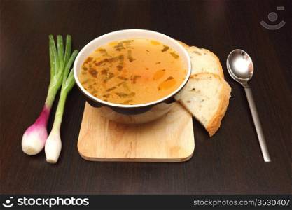 vegetable soup served with onion and bread