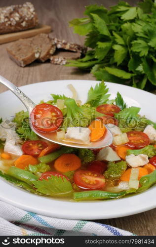 Vegetable soup with chicken, green beans, broccoli