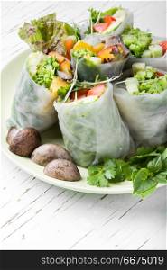 Vegetable spring rolls. Assorted Asian spring rolls with vegetable and lettuce