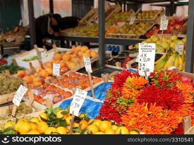 Vegetable stall in Venice&acute;s Rialto Market, next to the Grand Canal