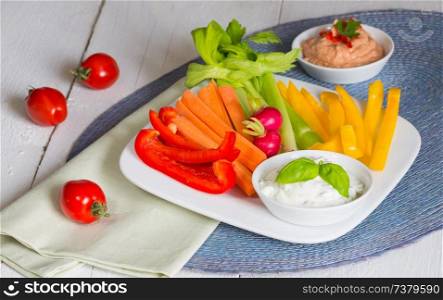 Vegetable sticks with herb and tomato dip.. Vegetable sticks with herb and tomato dip