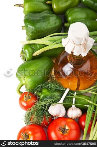 vegetables and a bottle of oil, still life, isolated on white background