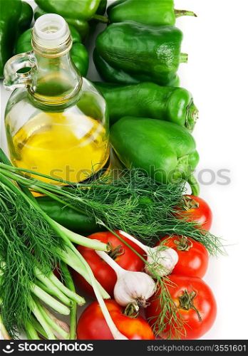 vegetables and a bottle of oil, still life, isolated on white background