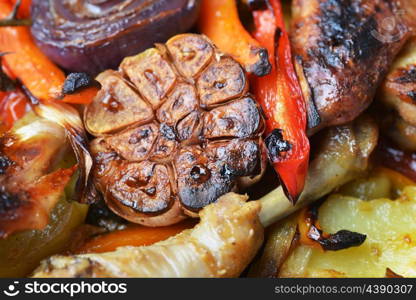 vegetables and chicken in pan baked in oven