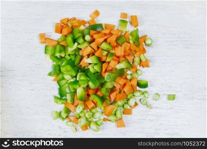 Vegetables and fruits background healthy food for life / Assorted fresh fruit green vegetables mixed selection various bell pepper carrot slice and yardlong beans
