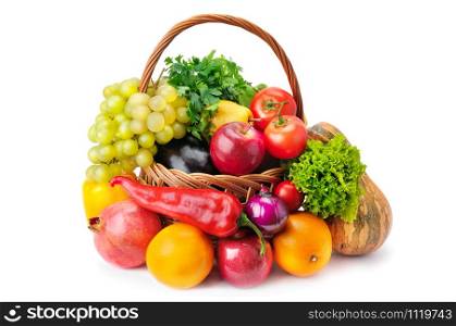 Vegetables and fruits in a basket isolated on white background. Healthy food.