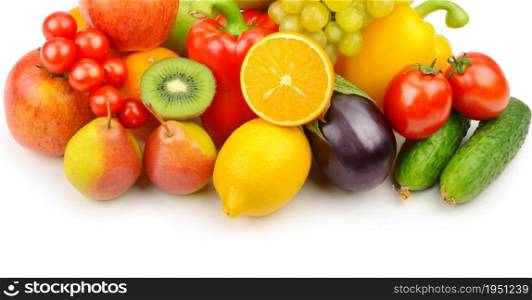 Vegetables and fruits isolated on a white background. Place for your text. Wide photo.