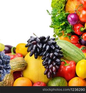 Vegetables and fruits isolated on white background. Collage. Free space for text.