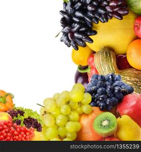 Vegetables and fruits isolated on white background. Collage. Free space for text.