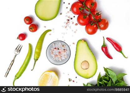Vegetables and fruits set closeup, isolated on white background. Organic vegetarian food, grocery assortment, natural products, healthy lifestyle concept. Vegetables and fruits closeup, white background