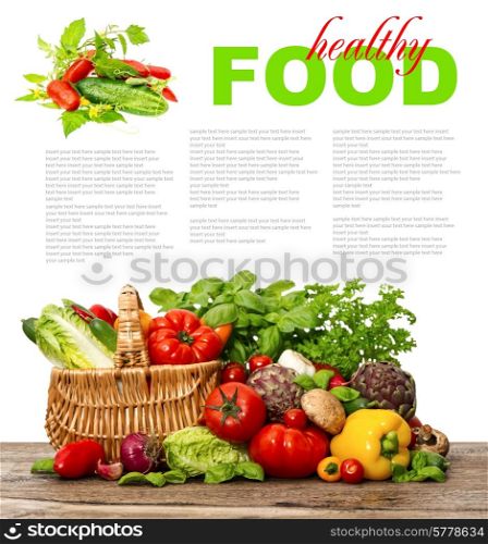 vegetables and herbs on white background. organic diary products. shopping basket. healthy food concept with sample text