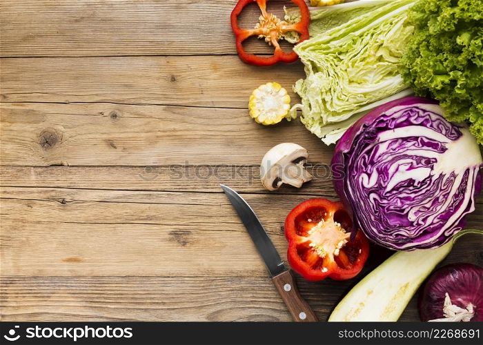 vegetables assortment wooden background with copy space
