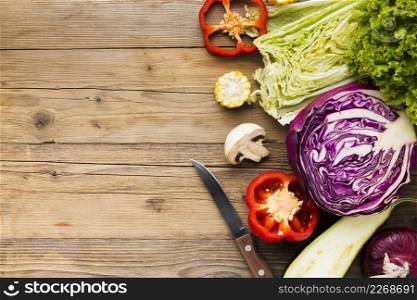 vegetables assortment wooden background with copy space