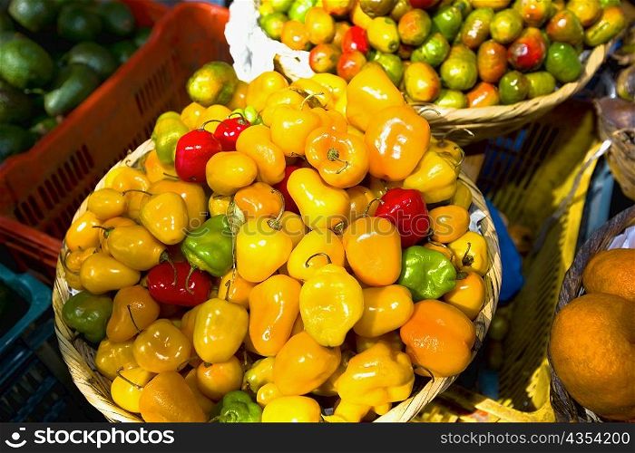 Vegetables at a market stall, San Juan Nuevo, Michoacan State, Mexico