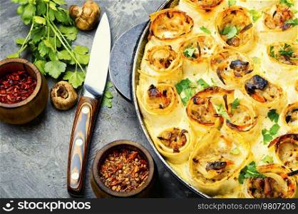 Vegetables baked with mushroom,cheese in pita bread. Frittata or casserole. Vegetable casserole in pita bread, vegetarian recipe.