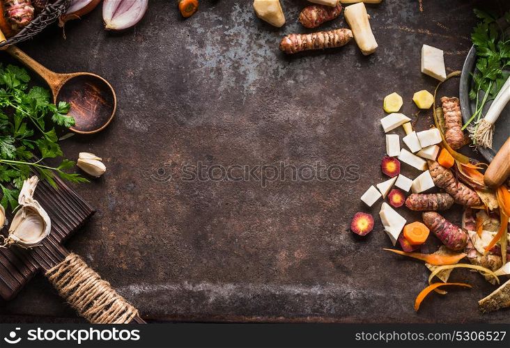 Vegetables cooking and eating food background with cooking spoon, top view, frame, place for text and recipes